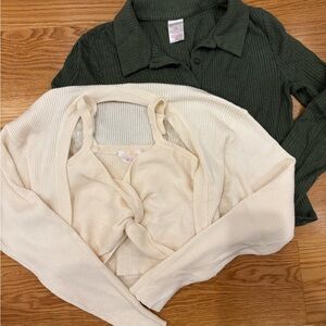 No Boundaries Green and Cream Ribbed Knit Tops Bundles (Size M)
